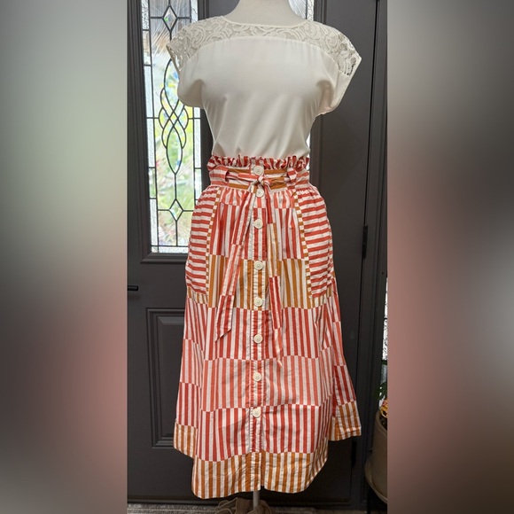 Who What Wear Geo Striped Belted Paper Bag Waist Button Front Midi Skirt - Picture 3 of 9